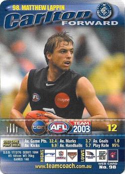 2003 Team Zone AFL Team #98 Matthew Lappin Front